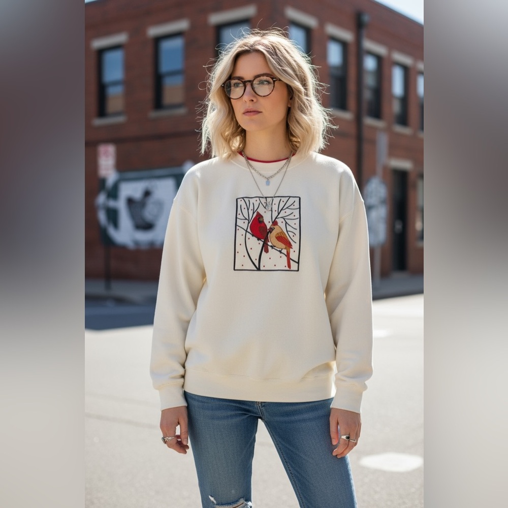 Vintage Cottagecore Whimsical Aesthetic Embroidered Cardinal Pullover Sweatshirt - Picture 2 of 10